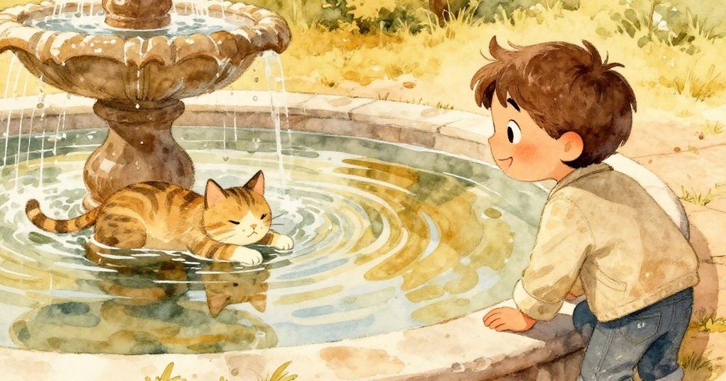 Benjamin在公園噴泉邊驚喜觀察著陽光下慵懶貓咪與水中倒影，臉上充滿驚訝與喜悅。