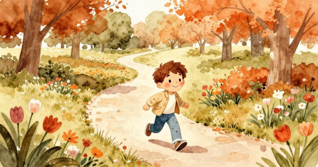 在夏季陽光公園中，Benjamin發現隱藏小徑兩旁盛開花朵，臉上流露出期待與好奇，展現冒險氣氛。