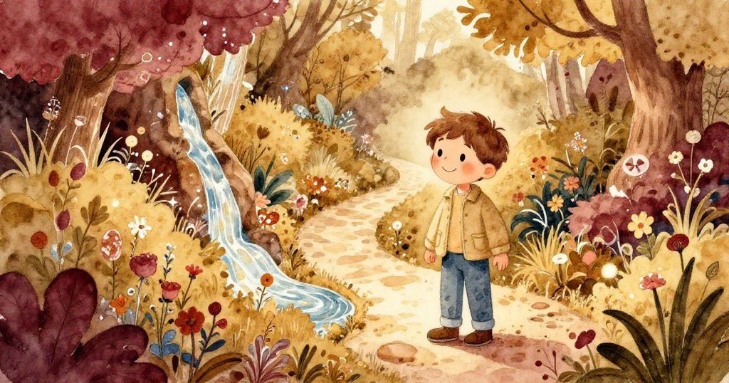 Benjamin沿著彎曲小徑探險，發現充滿魔法色彩的秘密花園，眼中閃耀驚奇與快樂，充滿奇妙氛圍。