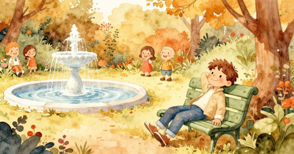 在寧靜秘密花園中，Benjamin坐於綠色長椅休憩，周圍有快樂訪客與噴泉，臉上流露平和滿足，展現結局。