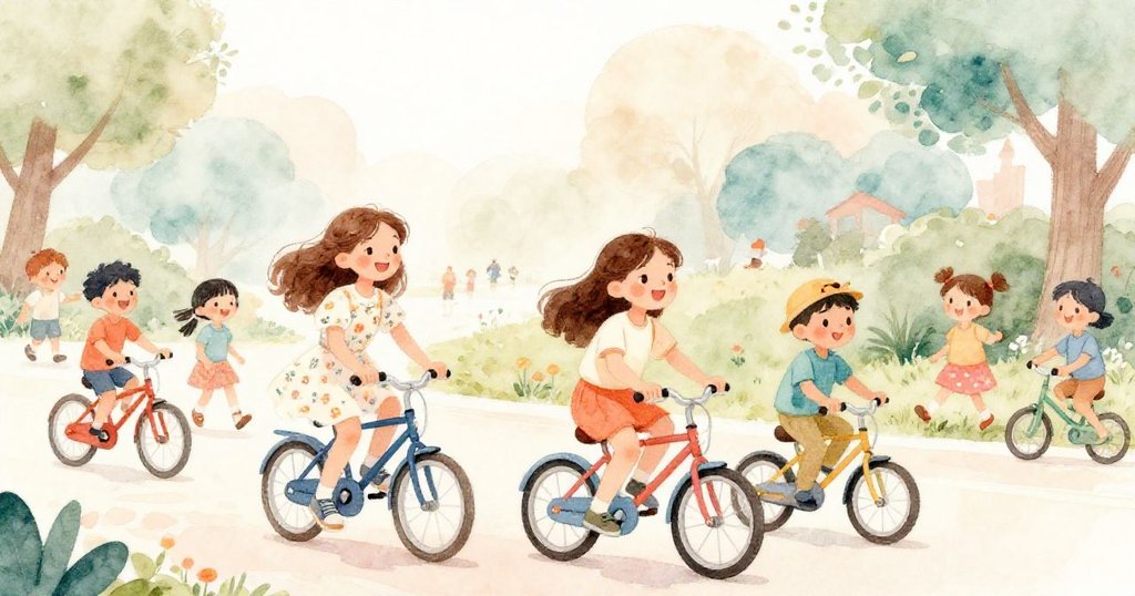 在明亮公園中，Anna正騎車歡笑，Tom與其他人互動，陽光普照環境熱鬧溫馨，充滿活力。