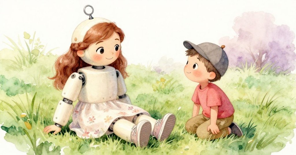 在草地上，Anna蹲下細看防撞假人，Tom指著它，兩人表情驚奇，背景隱約見公園綠意。