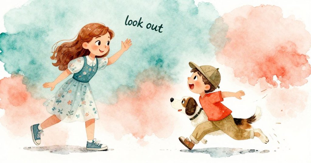 分割畫面中左邊Anna警覺喊話，右邊Tom驚呼，小狗奔跑穿越草地，場景緊張中透露關懷情緒。