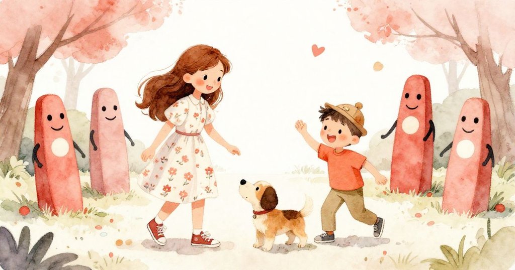 在公園中心，Anna、Tom與小狗和防撞假人歡聚慶祝安全規則，彼此互動笑語洋溢，場景充滿快樂氛圍。