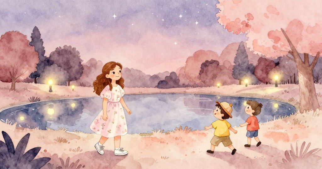 夜幕下，Anna與Tom和朋友們在柔光星空映襯的公園中共享寧靜時光，臉上洋溢著溫馨滿足。