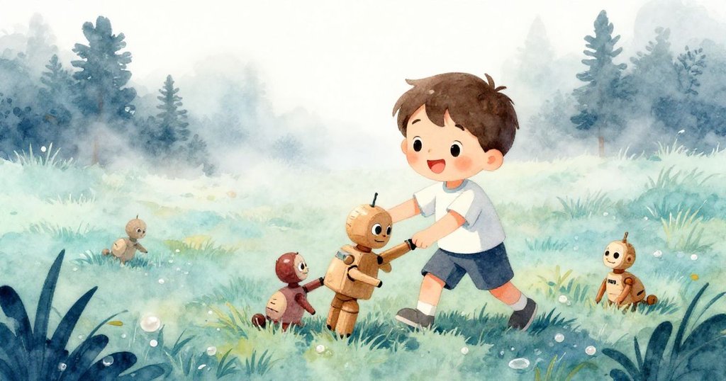 本在晨霧中開心玩耍，手中握著撞擊娃娃玩具，草地上晨光柔和，安全導向展開故事開端。