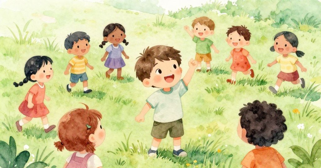 從背後視角看，本與朋友們快樂互動，齊聚草地分享安全遊戲精神，笑容滿面故事展開。