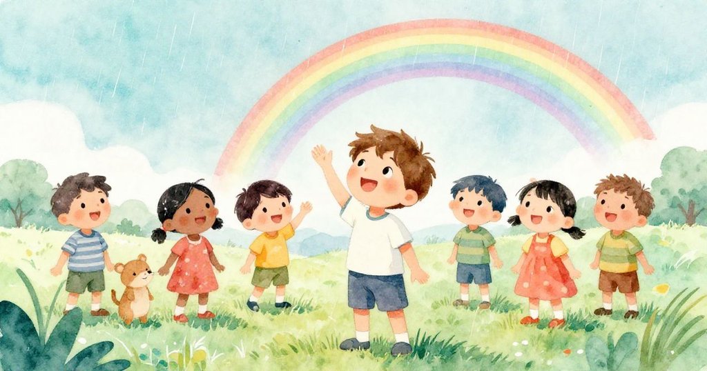 輕雨中，本與朋友們驚喜仰望彩虹，雨絲映襯自然美景，展現轉折中充滿希望與好奇情緒。