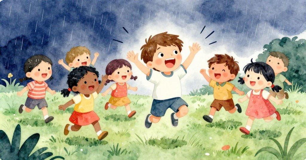 奇異聲響中，本與朋友們驚訝跳起，動作生動表情緊張，雨中草地呈現挑戰與情緒轉折。