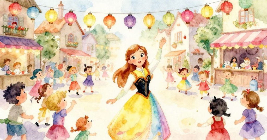 安娜在熱鬧市集中隨眾跳舞,燈籠與彩帶映出節慶歡樂,臉上洋溢著幸福喜悅,展現故事開頭的溫馨氣氛。