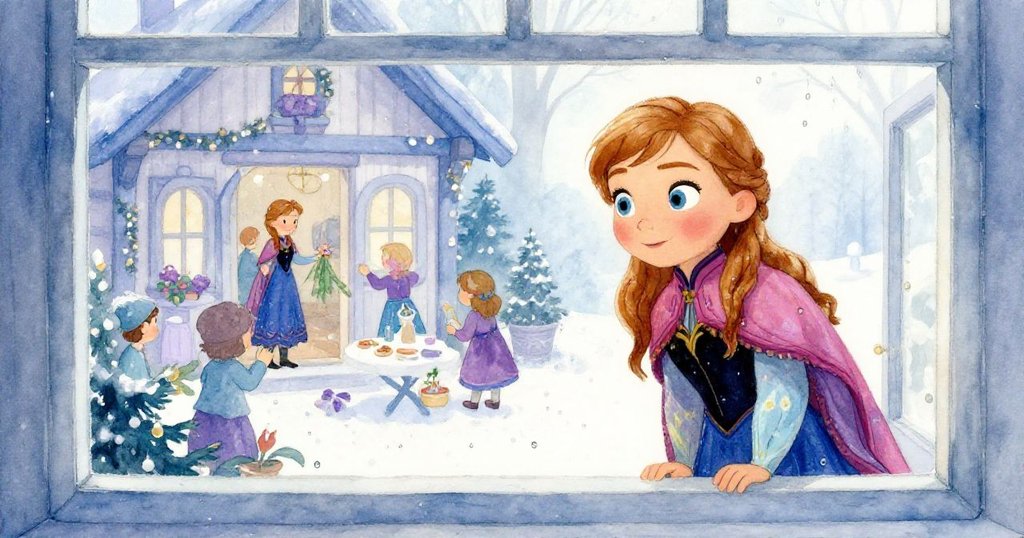 安娜透過雨珠斑駁的老窗戶探視溫馨小屋,看到村民忙碌佈置節慶,臉上流露出充滿期待與好奇的神情。