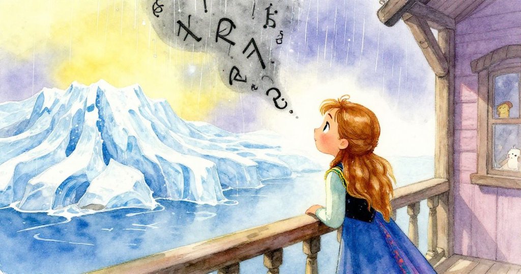 安娜站在小屋陽台上眺望神秘冰川,雨中閃爍魔法符文隱約浮現,營造出奇幻與探索的夢幻氛圍。