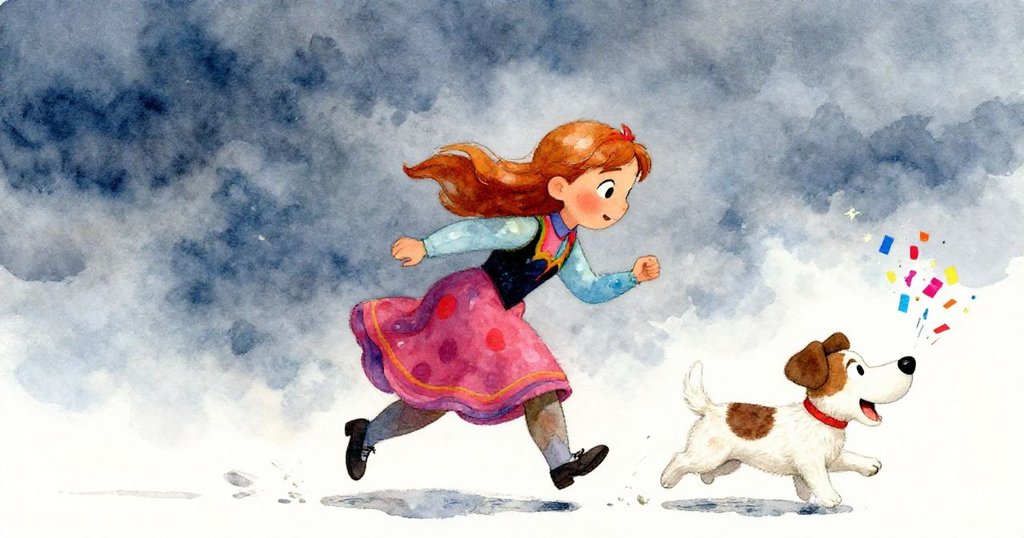 安娜在滂沱大雨中奮力奔跑追趕快樂小狗,小狗嘴叼閃耀信件,水花四濺呈現冒險故事的高潮動感。