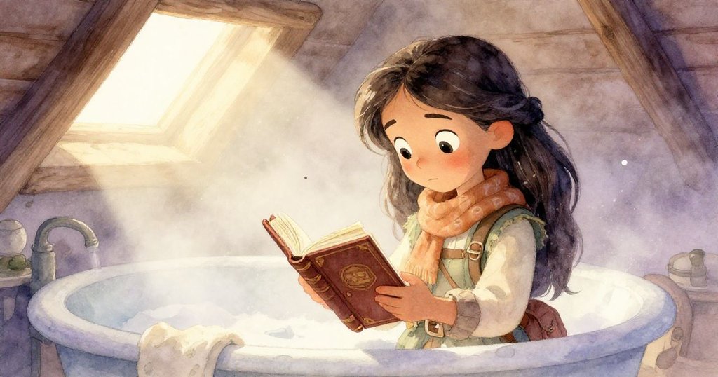 Maria在閣樓中發現古老日記,表情驚喜,房間充滿晨光與塵埃,展現冒險起點的溫馨氛圍。