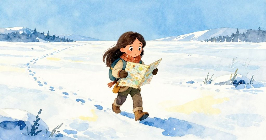 Maria在冰凍苔原上行走,手持地圖查找路徑,表情堅定,雪地與藍天相映出無盡冒險。