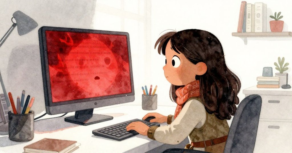 Maria坐在書桌前,驚訝凝視著電腦屏幕上扭曲的神秘訊息,燈光與陰影交織出內心不安。