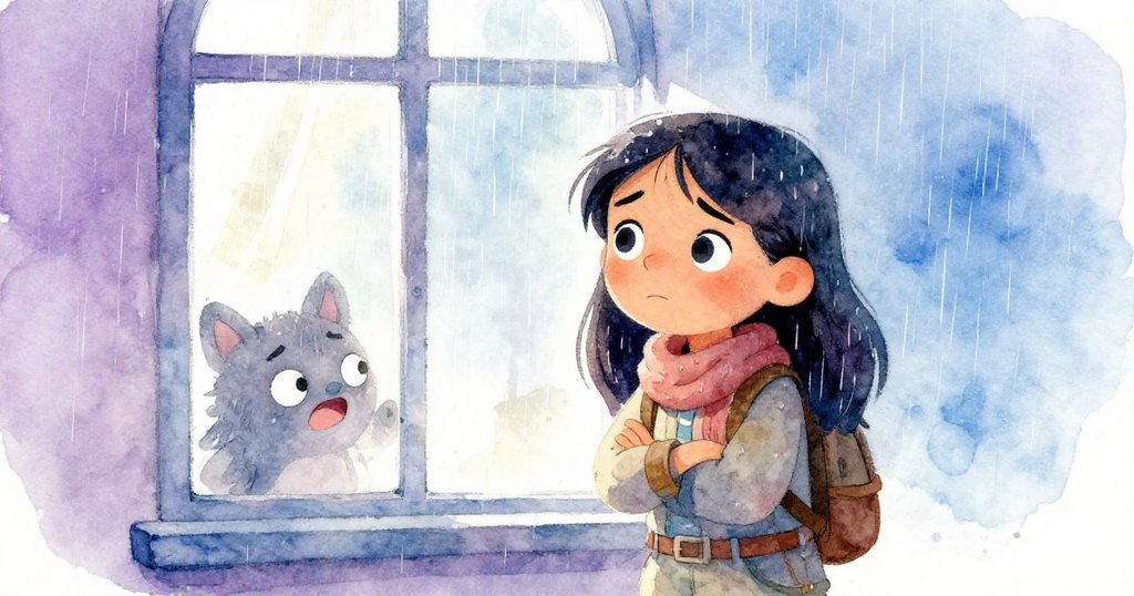 Maria站在窗邊望向大雨,神情焦慮卻堅定,窗外雨點模糊映出暴風雨景,室內燈光柔和溫馨。