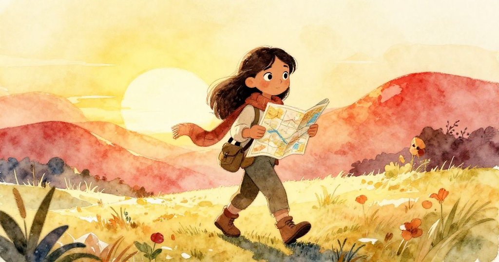 Maria在夕陽餘暉中邁步前行,手持地圖臉帶微笑,背景金黃景色展現未來希望與冒險。