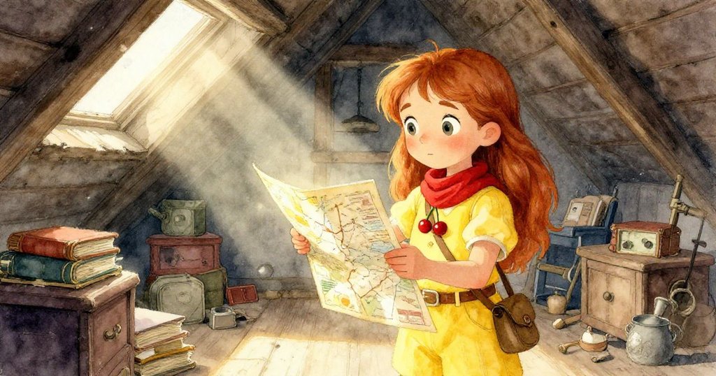 艾蓮娜在灰塵滿佈的閣樓中發現祖父留下的發光地圖,面容充滿驚喜與好奇,象徵冒險起點。