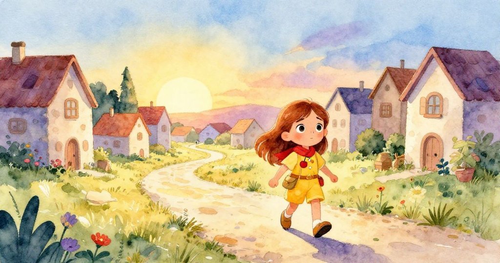 艾蓮娜踏出古樸村莊,踩著金色夕陽下的小徑,神情堅定,準備展開充滿希望的旅程。