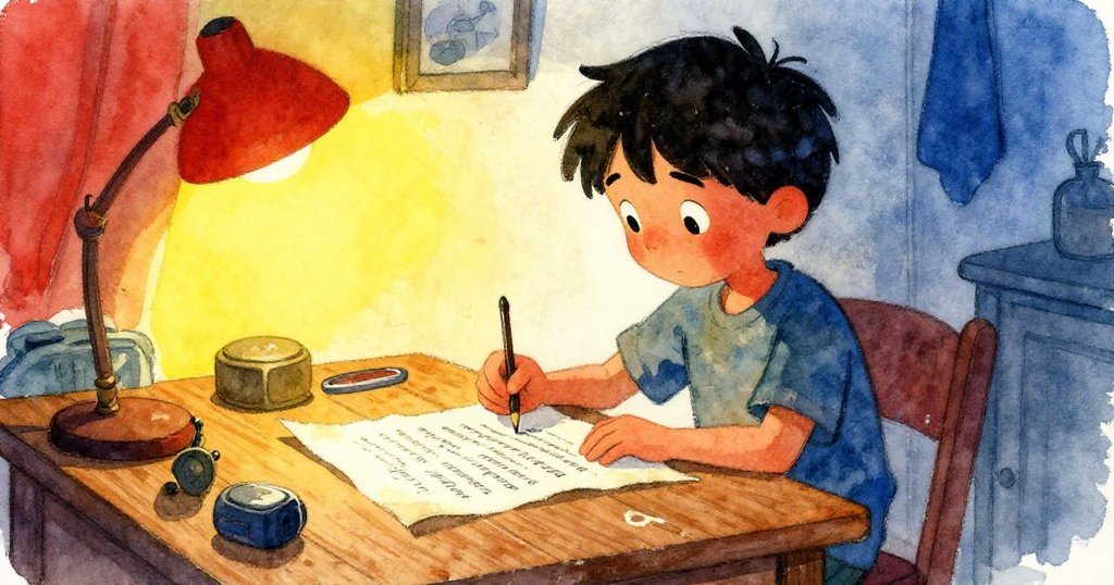 艾德瑞安在書房中仔細檢視神秘信件，桌上擺滿褪色舊書，燈光柔和映照記憶與現實交錯