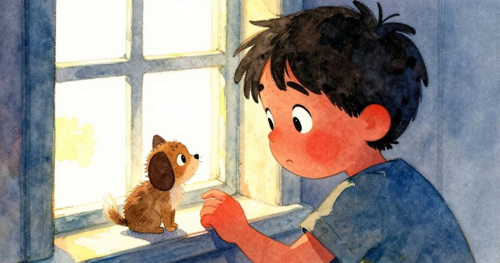 從小動物視角看艾德瑞安與窗邊小寵物溫柔互動，晨光穿透窗戶映照純樸情懷，生動細膩