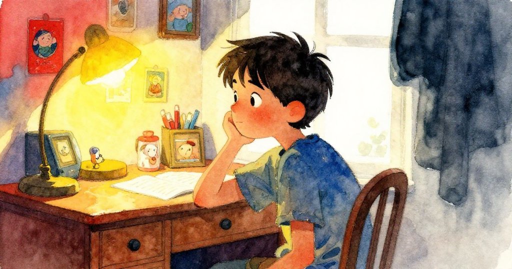 艾德瑞安在溫馨室內角落中凝視懷舊紀念品，燈光柔和映出內心沉思與過往回憶