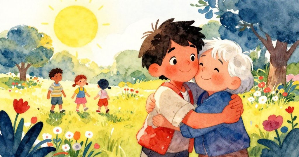 艾德瑞安在花園中與老友熱情重逢，擁抱中流露快樂與重生，四周花朵繽紛，晨光灑落