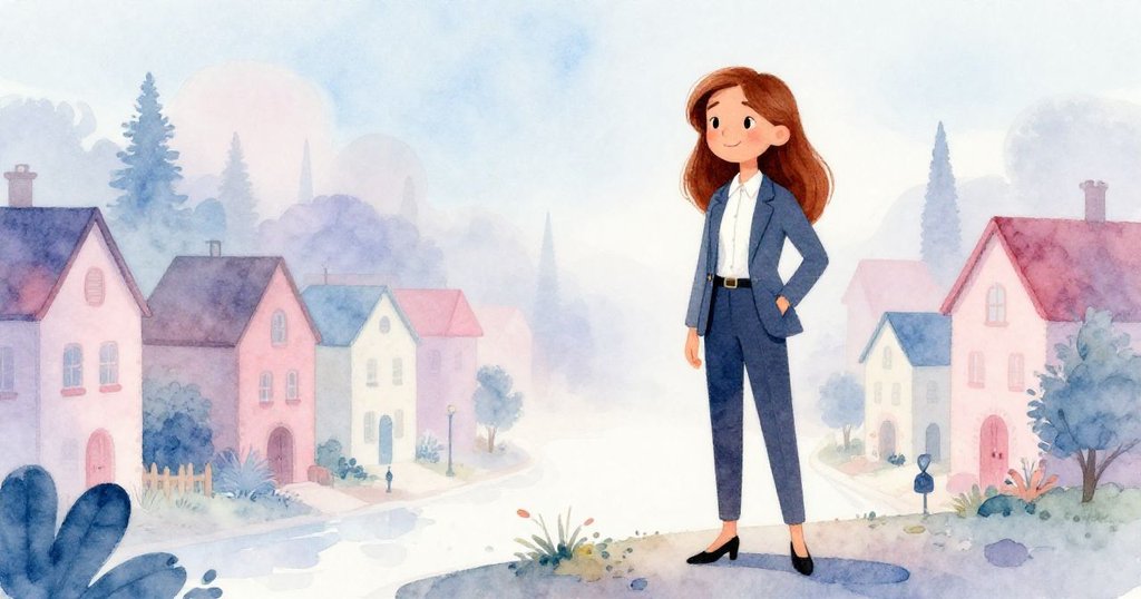 Emma 穿著現代建築師服裝，在晨霧中站在小鎮邊緣思索設計，臉上充滿期待與夢想