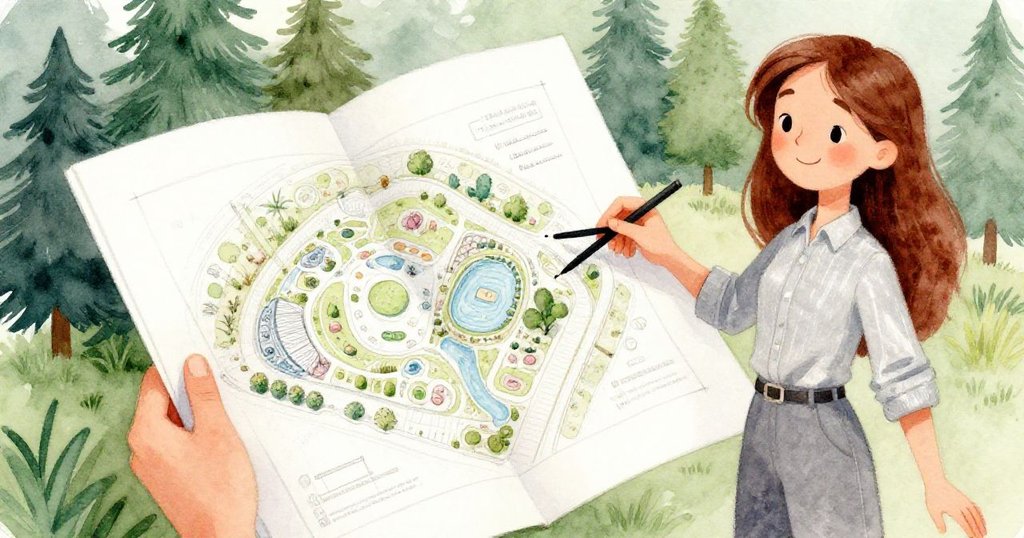 Emma專注地檢查精美藍圖，手指輕觸設計細節，展現出她專注與充滿創意的樣貌