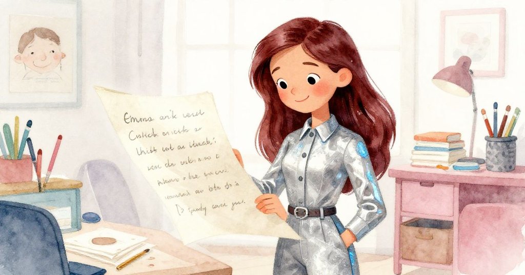 Emma在工作室角落專心讀著居民的感激信，臉上充滿驚訝與深思，環境充滿設計工具與草圖