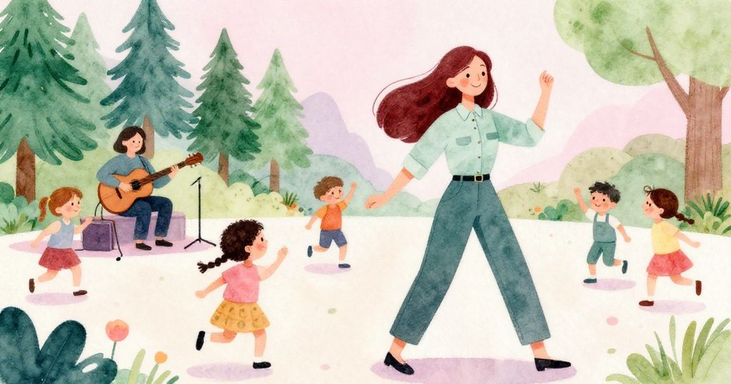 Emma與居民在建設中公園隨音樂家演奏共舞，孩子們跑跳，場景充滿歡快與活力