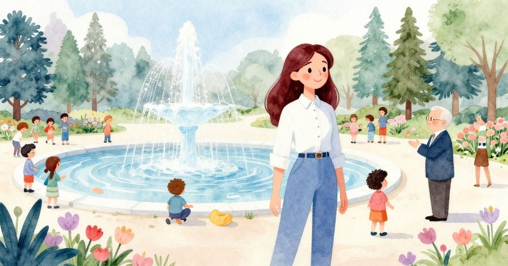 Emma在竣工公園中與居民、市長共享成功喜悅，孩子們在水景與花園中嬉戲，場景寧靜而溫馨