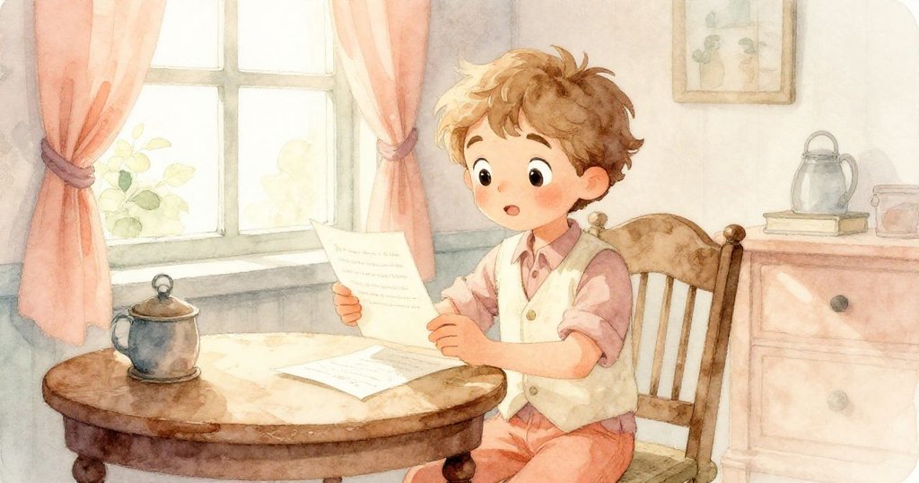 亞歷克斯在溫暖房間中收到神秘信件，眼神充滿期待，房內柔和光線映出冒險夢想與藝術氣息