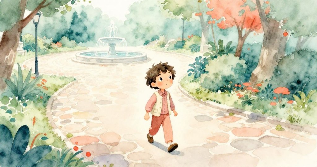 亞歷克斯抵達古老公園，高角度呈現彎曲小徑與遠處噴水池，自然光線營造出期待冒險的溫馨氣氛