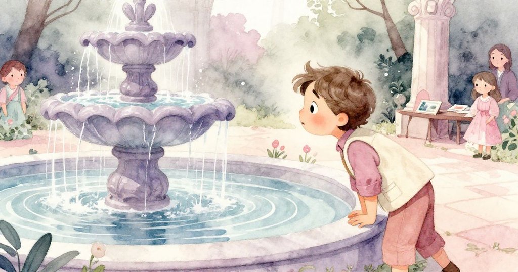 亞歷克斯在公園噴水池旁驚嘆，透過水流發現隱藏藝術展覽，水珠閃爍中散發神秘與優雅美感