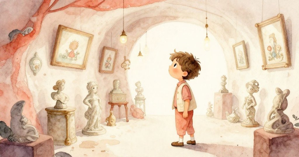 亞歷克斯走進地下密室，細看精緻雕塑與畫作，神情敬畏，溫和光線突出歷史與藝術魅力