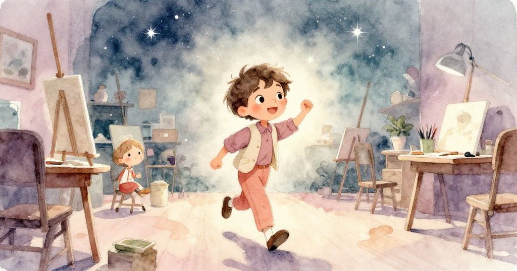 亞歷克斯在星光與柔和晚霞中離開藝術室，步伐輕盈中帶著對過去與未來交織之美的沉思與希望