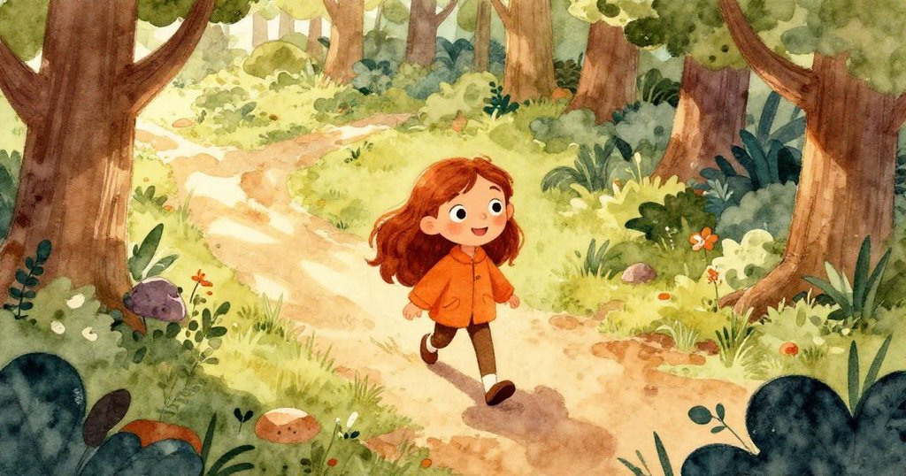 米婭踏入充滿魔法的森林，從高空視角呈現森林廣闊景致，米婭正步履堅定地走向前方，臉上流露期待與喜悅。