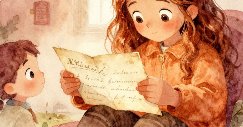 米婭專注地攤開祖父寫的舊信，信上字跡斑駁，她的手溫柔觸摸信紙，背景隱約呈現森林歷史感。