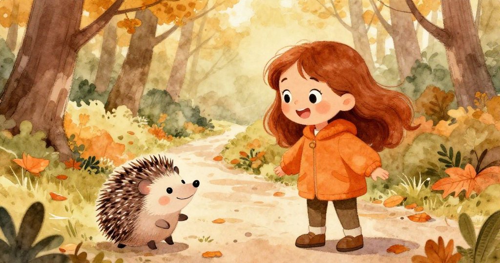 米婭面帶微笑與一隻調皮的刺蝟互動，眼神中充滿好奇及喜悅，森林小徑上秋葉紛飛，景色生動。