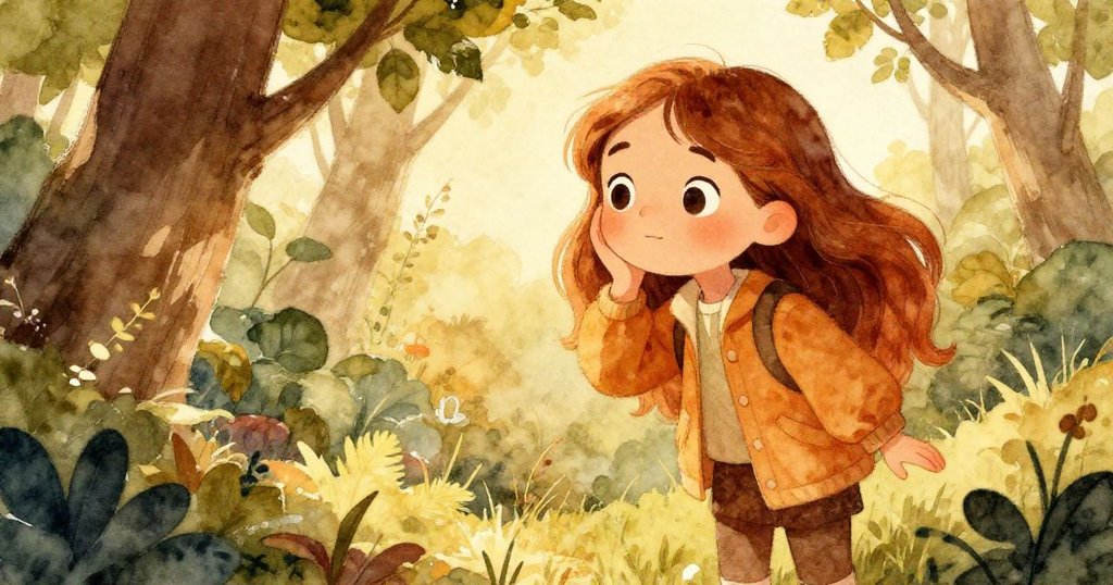 米婭凝神傾聽樹葉沙沙低語，臉上流露出驚奇與虔誠，隱秘空地中散發出溫柔金光，充滿古老智慧。