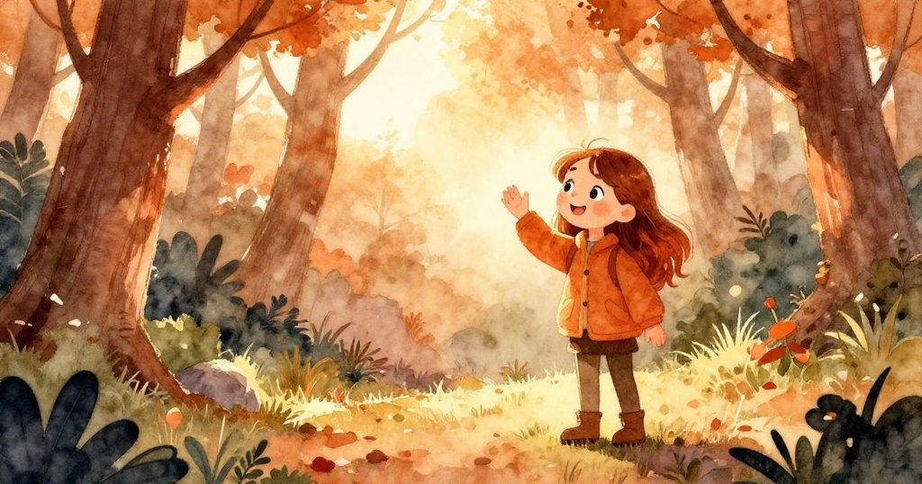 米婭在森林出口處回首告別，陽光灑落露珠閃爍，她滿懷智慧與希望，臉上露出安詳且堅定的微笑。