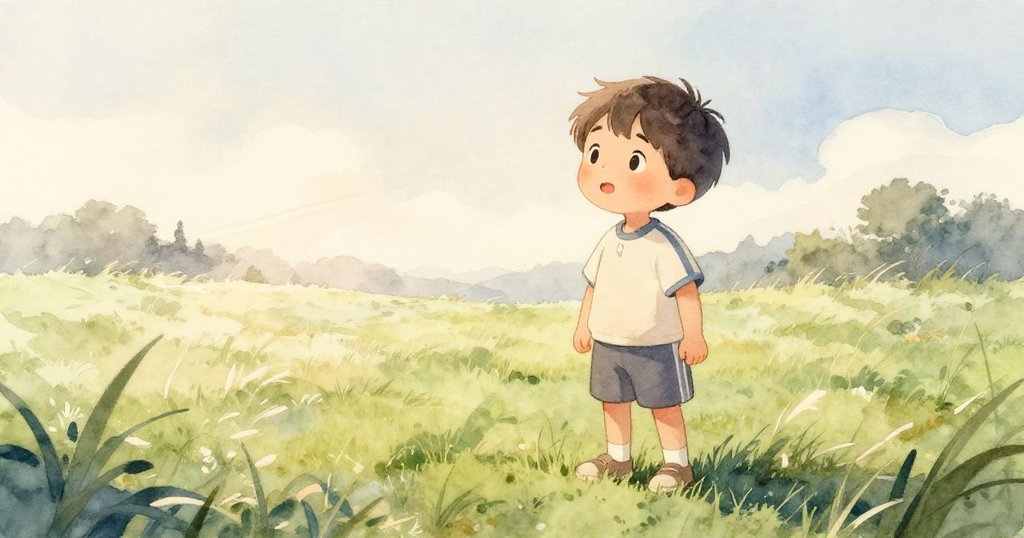 Sam站在綠地上準備遊戲，早晨風光溫柔，神情充滿期待與平靜，環境寬闊舒適。