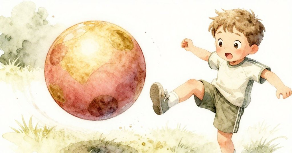 Sam正踢著圓球，動作充滿活力，球體細節精緻，背景草地柔和，展現遊戲中的歡樂時刻。