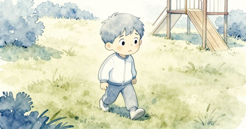 從高處俯瞰Sam在綠茵場上探索，神情略顯疑惑，背景環境透露出即將轉折的微妙預兆。