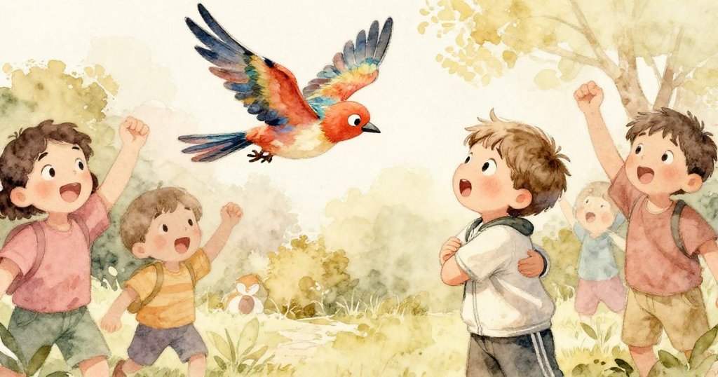 Sam驚喜中被魔法鳥溫柔擁抱，朋友們興奮歡呼，環境充滿金色魔法光暈與美好期待。