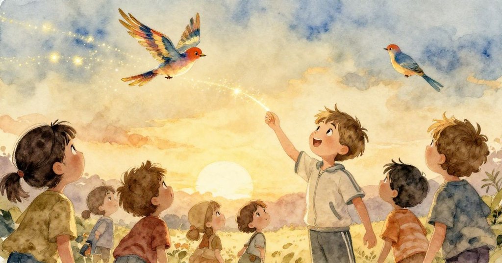 夕陽餘暉照耀下，Sam與朋友們仰望魔法鳥在空中留下閃爍光跡，溫暖喜悅之情溢於言表，結局美好。