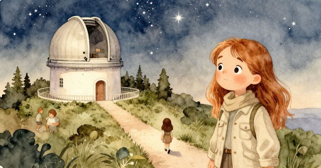 莉 Lily 從上方視角走向天文館，夜空繁星閃爍，充滿夢想與好奇，場景充滿溫暖與探索感。