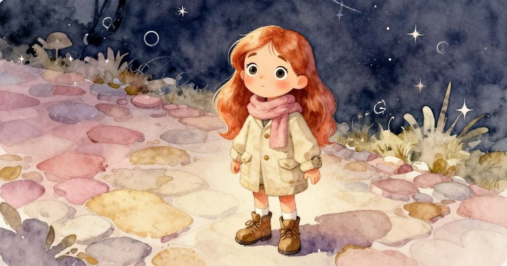 莉 Lily 穿著探險鞋走在鋪滿星紋石子的小徑上，低頭專注前行，展現出堅定與好奇。